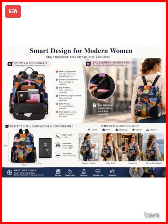 Anti-Theft Water-Resistant Oxford Backpack Purse with Back Zipper Access for main image 4